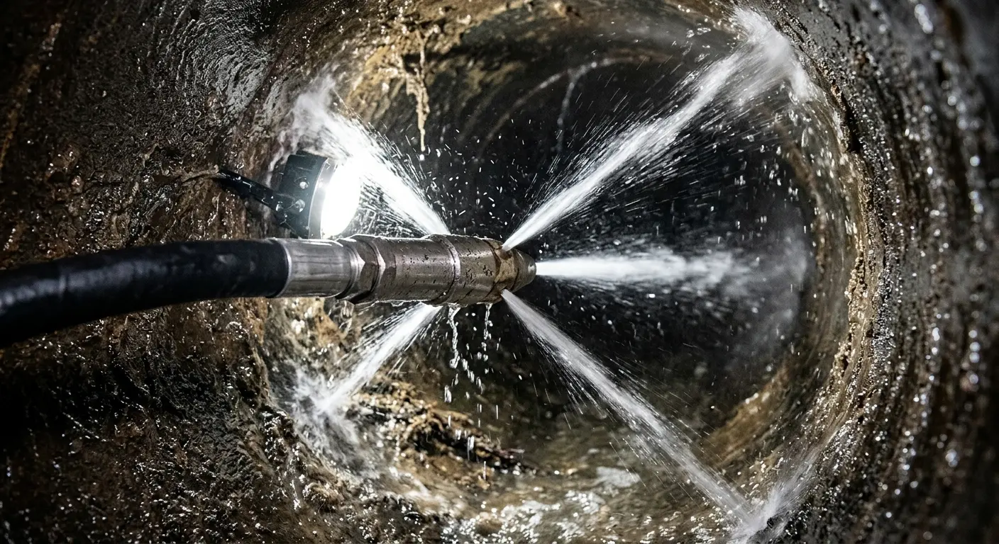 High-pressure hydro jetting nozzle cleaning sewer pipe for Emergency Drain Service in Venice