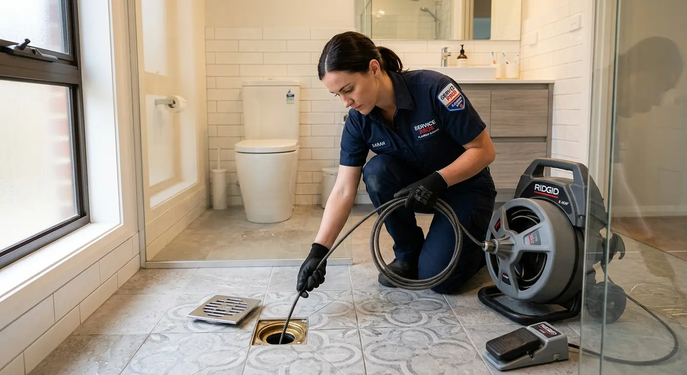 Technician clearing a bathroom floor drain for Clogged Drain Repair in Venice